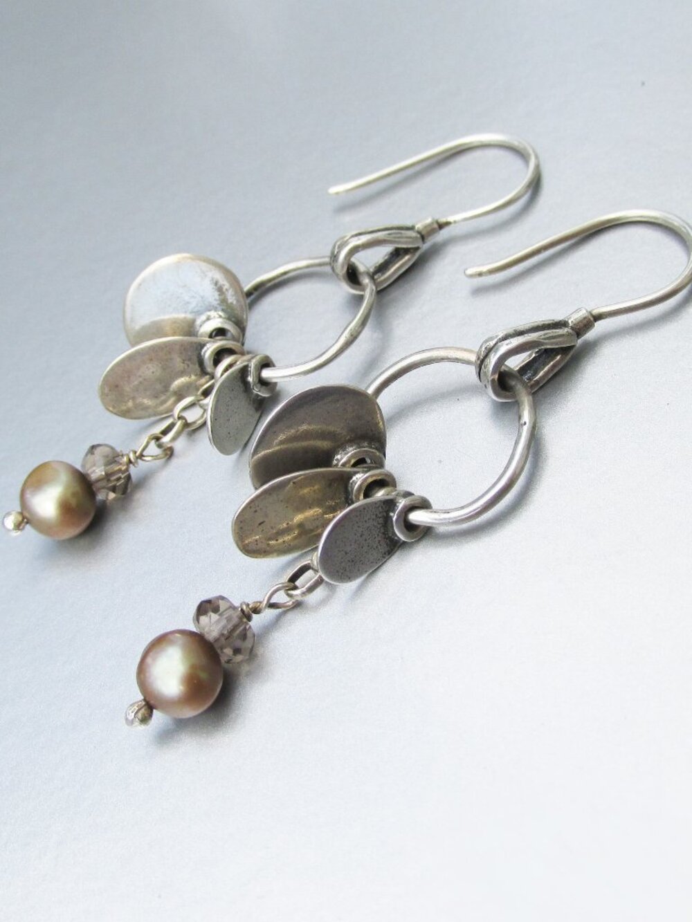 Retired SILPADA Sterling Silver DISC Smoky Quartz & Pearl Dangle Earrings W1550